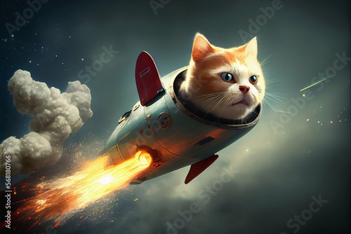 Fototapeta Flying rocket cat spaceflight blast off space travel launch, generative ai