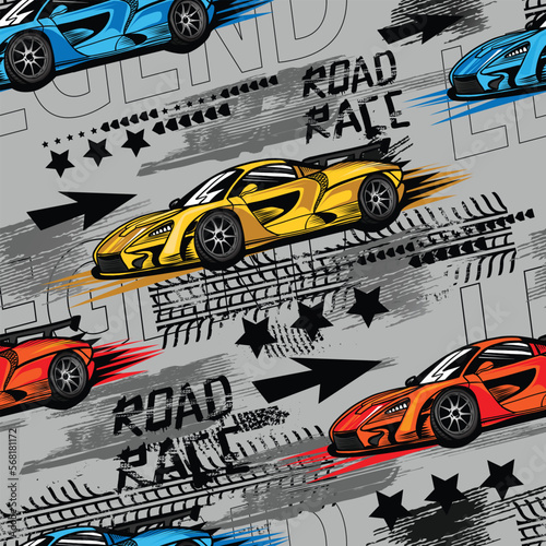 Abstract seamless pattern with sport cars .Bright background with grunge elements for textiles, children's clothes, prints. Pattern for boys