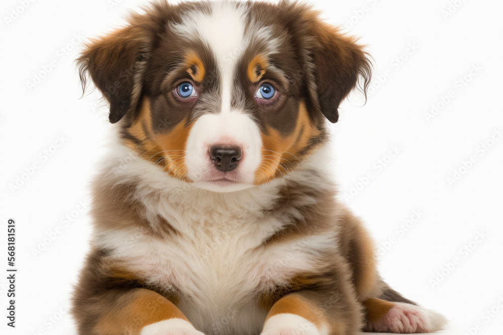 Australian Shepherd puppy in red tricolor, age one, staring at camera, isolated on white. Generative AI