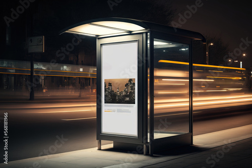 mock up of a nighttime bus stop lightbox in a. Generative AI