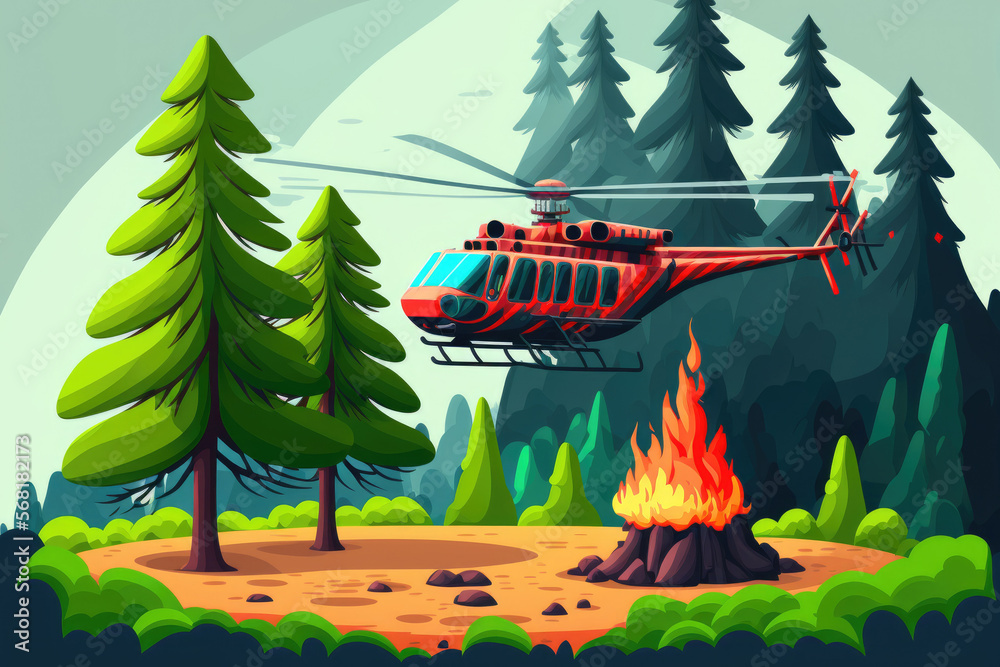 Fire fighting helicopter dropping water on forest fire. Generative AI