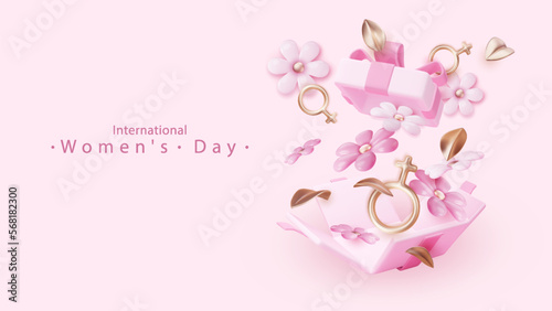 International Women's Day poster with Female sign 3d and composition of spring pink flowers