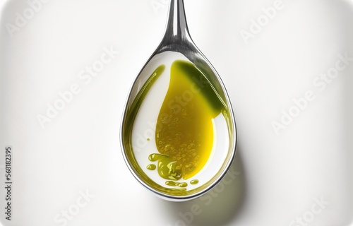 Delicious olive oil spoon on a white backdrop. Generative AI