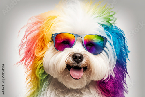 Cool and colorful dog with sunglasses. Rainbow colors. Diversity, tolerance, inclusion concept. Different and unique to be. Fashionable doggy. Generative AI. © Kassiopeia 