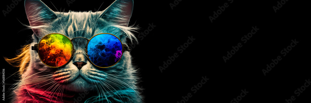 Cool and colorful cat on black background with copy space. Rainbow colors. Diversity, tolerance, inclusion concept. Different, unique to be. Fashionable kitty. Banner with empty space. Generative AI