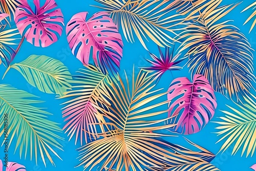 Luxury art background with tropical palm leaves in blue and pink colors with golden elements in line style. Botanical decoration, poster, textile, wallpaper, interior design