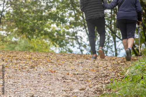 Mature couple hiking in the autumn forest