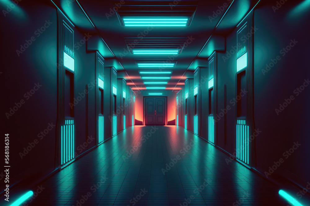 Sci fi neon lamps glowed in a dim hallway. reflections in the walls and on the ground. The background is blank in the middle. image. futuristic technology background. Generative AI