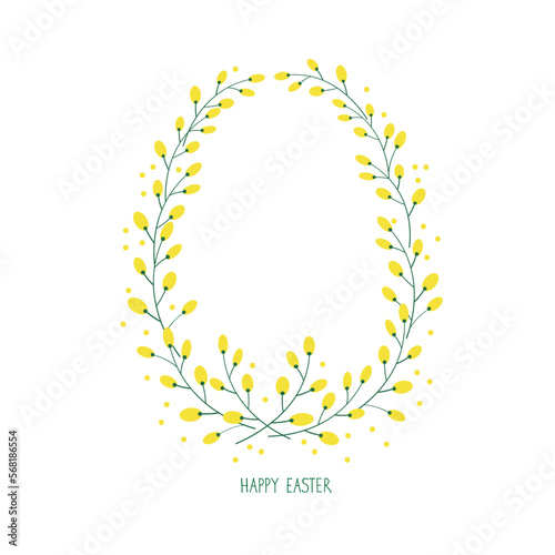 Easter egg,congratulations on the holiday of Easter.The Easter egg is framed with a yellow ornament of mimosa flowers on an isolated background.Frame for your text.Handwritten inscription Happy Easter