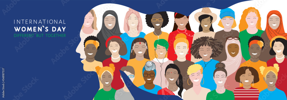 International Women`s Day holiday vector banner. Diverse multiethnic group, young women, african, asian, muslim different faces at female silhouette background. Solidarity, empowerment, sisterhood