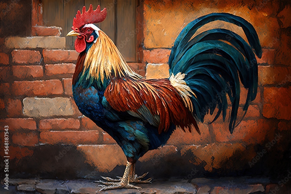 a painting of a rooster standing in front of a brick wall with a door ...