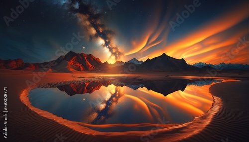  a painting of a mountain range with a lake in the foreground and a star filled sky in the background, with a reflection in the water. generative ai