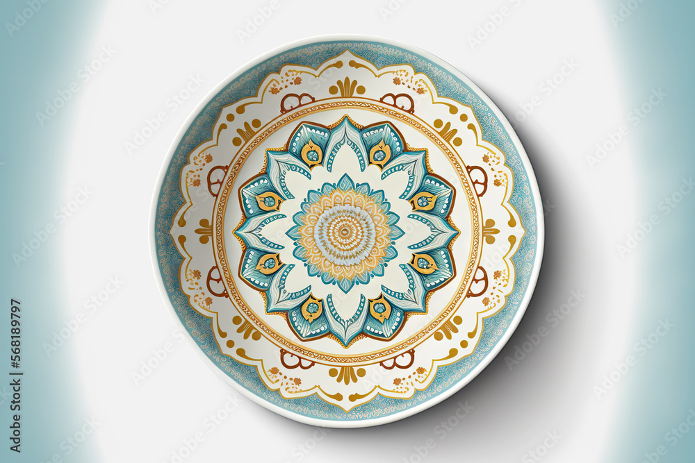 Interior design plates. Illustration of a porcelain dish with a mandala motif. Isolated. circular flowery geometric design. home decor component, interior decoration. Generative AI