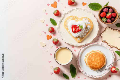 Wallpaper Mural Mother's Day brunch or Valentine's Day corner border. on a white wood banner background, top down. eggs, pancakes in the shape of hearts, and other dishes with romantic themes. Generative AI Torontodigital.ca