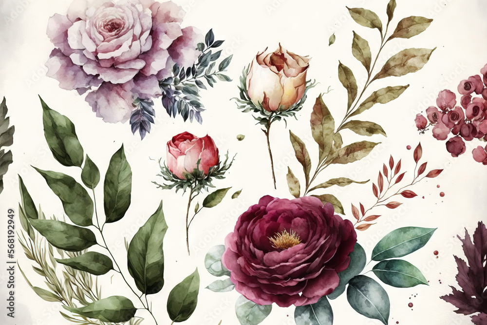Watercolor flowers and leaves can be used as backgrounds for summer greeting cards, wedding invitations, and birthday invitations. Generative AI