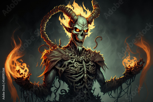 Hellfire demon skeleton character from a horror image painted in a digital style. Generative AI