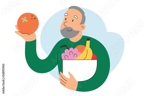 Senior person buying fresh fruits in grocery store, smiling elderly man with grey hair and beard holding an orange, putting fruit into paper bag, flat vector illustration isolated on white background