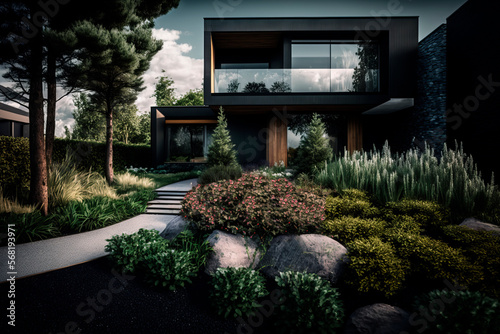 Modern house in dark colors with big windows and flowers in front