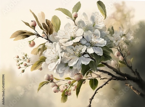 Beautiful blooms on an apple tree branch against a hazy landscape background. Generative AI
