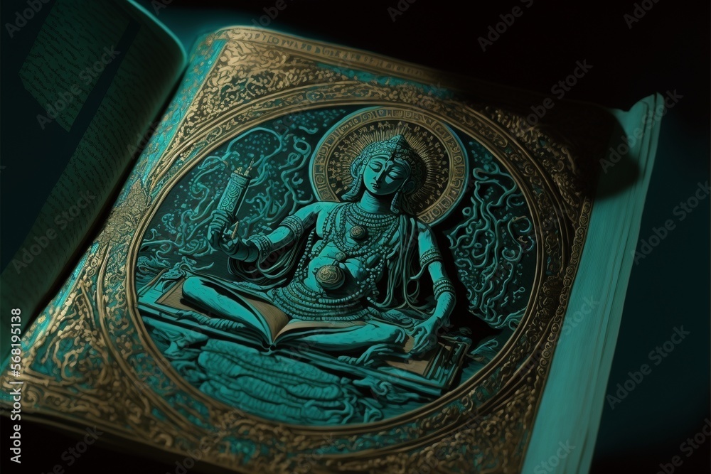 Sacred holy book, 3d teal and gold, religion spirituality, scriptures