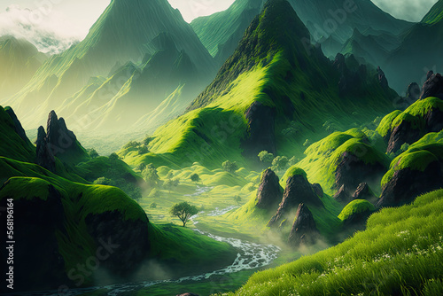 ai midjourney illustration of green overgrown mountain landscape