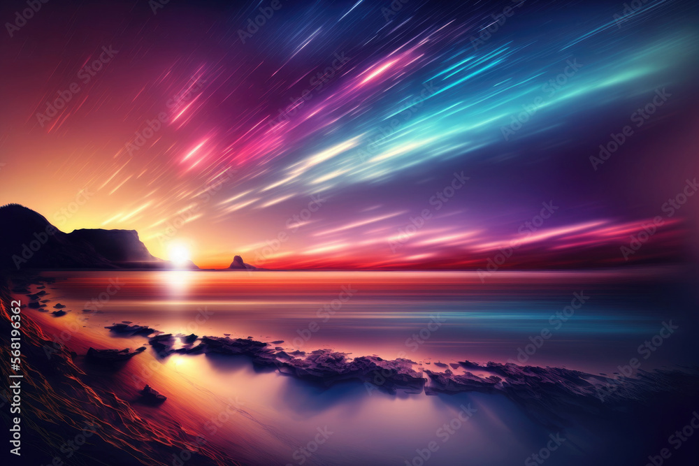 Fototapeta premium Long exposure effect with vivid twilight sunset sky and motion blur of the sea below. Generative AI