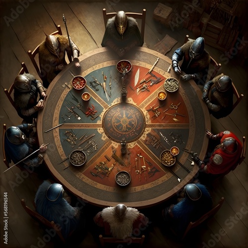 Canvas Print council of old and young knights round table ealry medieval age crests debate me