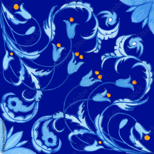 Majolica pattern. Sicilian hand drawn blue ornament. Traditional blue and white ceramic tiles. Portuguese traditional azulejo pattern. Moroccan style..