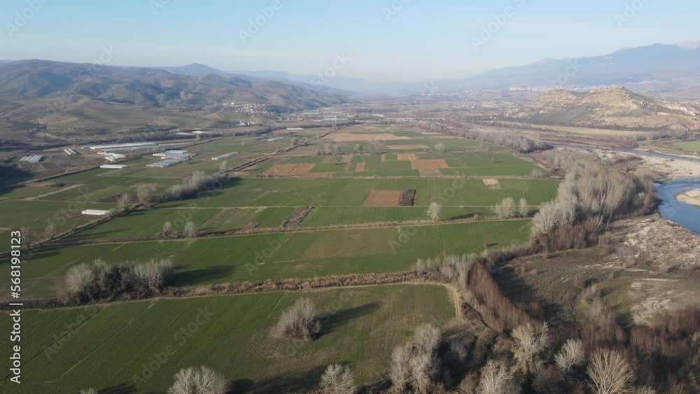 Amazing Aerial view of Struma river passing through the Petrich valley, Bulgaria Amazing Aerial view of Struma river passing through the Petrich valley, Bulgaria