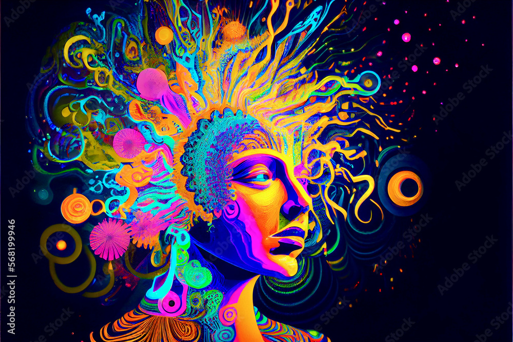 Generative AI render of a psychedelic mockup human head Generative AI render of a psychedelic mockup human head