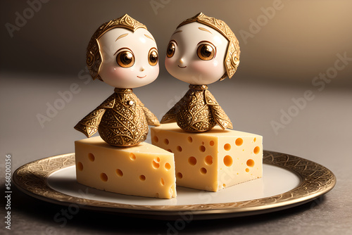 Stylish presentation of basic cheese dish decorated with two small figures, AI generated photo