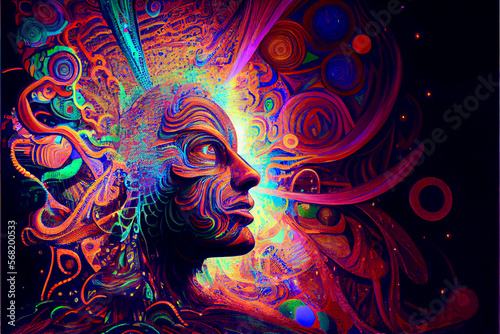 Generative AI render of a psychedelic mockup human head