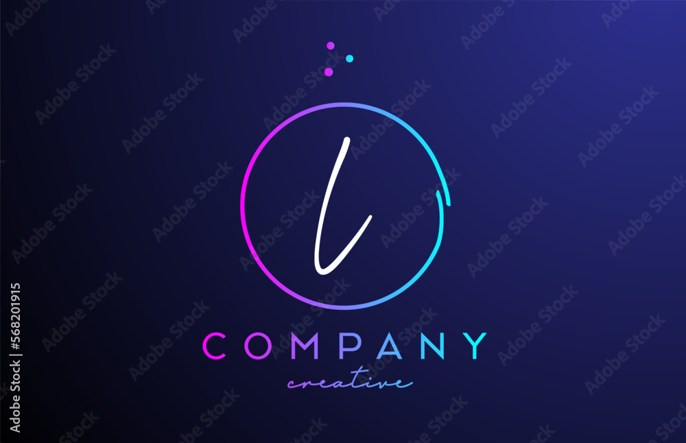 L handwritten alphabet letter logo with dots and pink blue circle ...