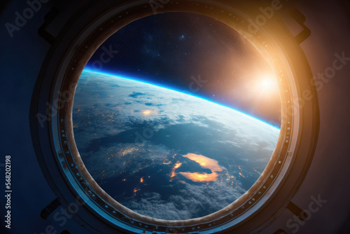 A breathtaking view of the Earth as seen through the porthole of the International Space Station. Our Blue Planet and a passing satellite are illuminated by the rising sun. VFX that is accurate in sci