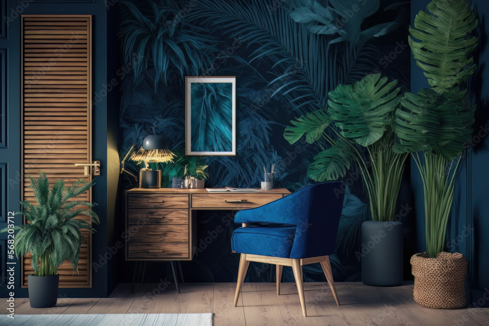 Modern interior bedroom with tropical plant wallpaper palm wood wall chair and desk in rustic luxury style and dark blue background