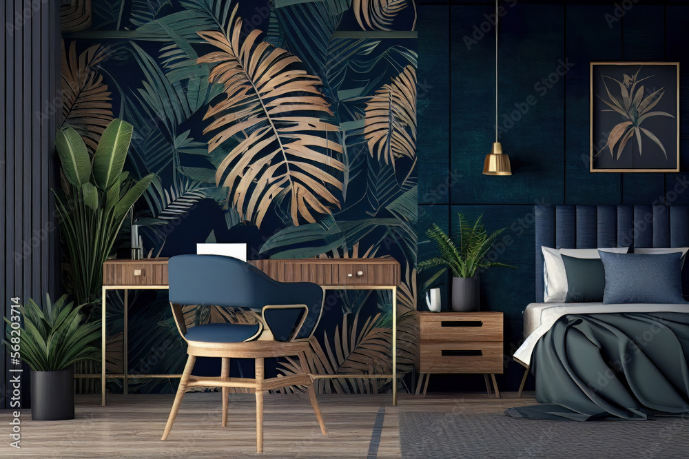 Interior of a hotel with a tropical theme. Palm leaf wallpaper behind a fancy desk. Bed on the right side of the frame. (Fictional Location. No release necessary.) Interior of a hotel with a tropical theme. Palm leaf wallpaper behind a fancy desk. Bed on the right side of the frame. (Fictional Location. No release necessary.)