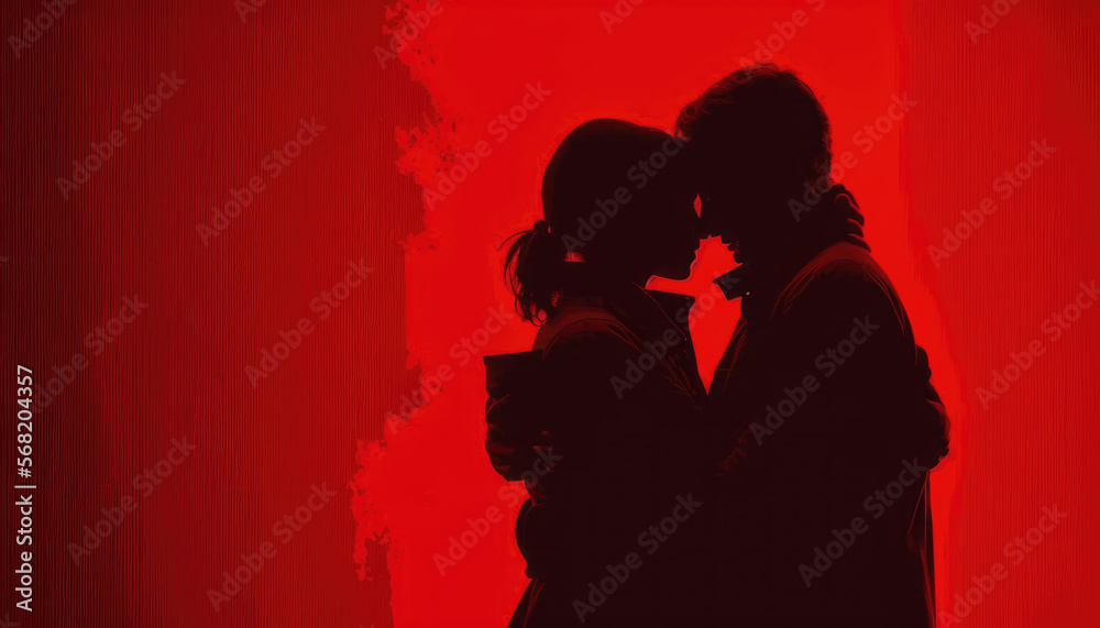 Silhouette of two people embracing , red background, generative ai