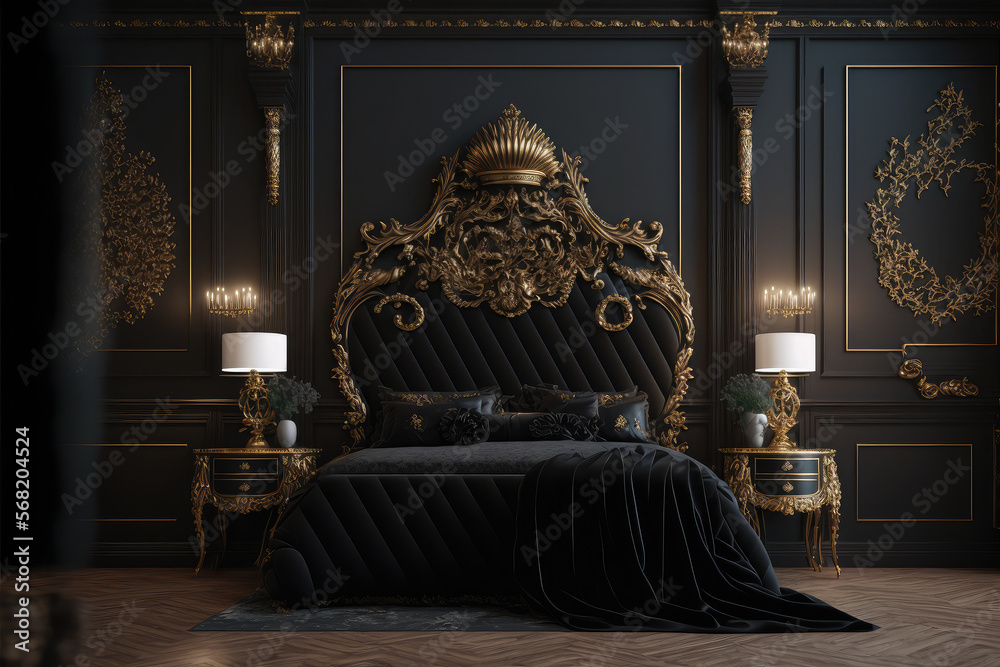 Luxury interior of a modern bedroom with black and gold design, generated by AI.