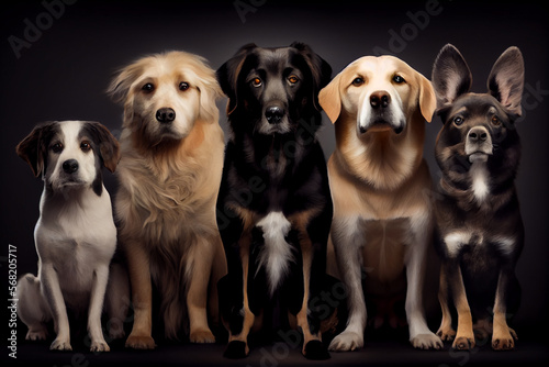 Different dog breeds looking straight. generative AI