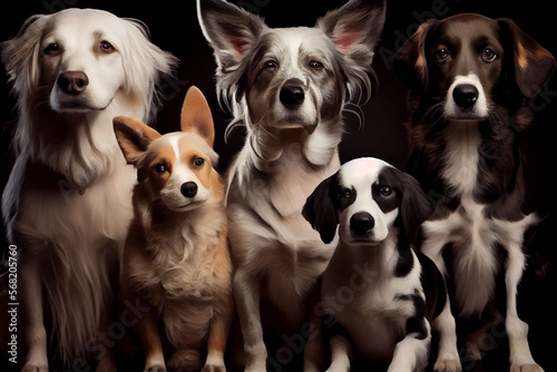 Different dog breeds looking straight. generative AI