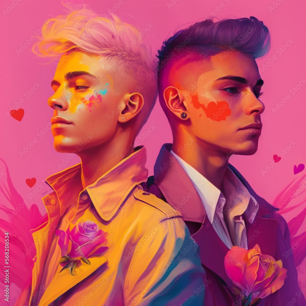Romantic illustration lgbtq pride concept. Two young gay boy in love together. Pink background. Generative AI on Partners Intimate moment, couple side view, Homosexual rights concept Romantic illustration lgbtq pride concept. Two young gay boy in love together. Pink background. Generative AI on Partners Intimate moment, couple side view, Homosexual rights concept