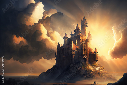 Beautiful historical medieval castle with amazing sun at sunset, clouds and warm glow. Ai generated