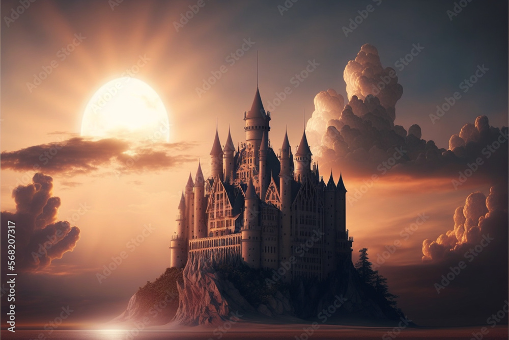 Naklejka premium Beautiful historical medieval castle with amazing sun at sunset, clouds and warm glow. Ai generated