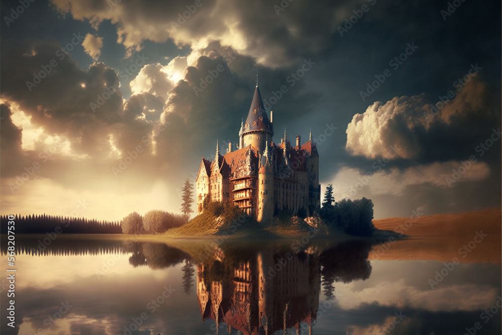 Naklejka premium Beautiful historical medieval castle with amazing sun at sunset, clouds and warm glow. Ai generated