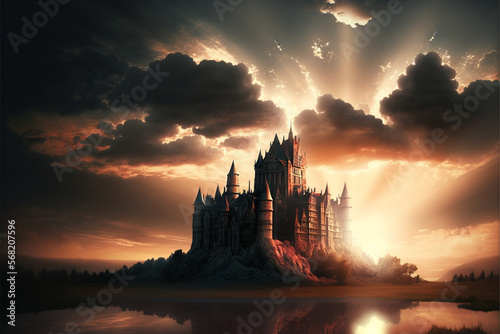 Beautiful historical medieval castle with amazing sun at sunset  clouds and warm glow. Ai generated