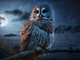A Barred Owl sits peacefully in the blue moonlight on a calm night as a bright moon rises over the clouds, illuminating the night. Added diffuse glow to improve scene. every component is mine