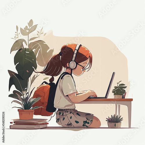 Young girl with a laptop. Cartoon style illustration
