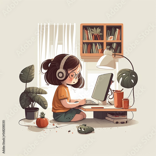 Sad little girl with a computer. Tech illustration