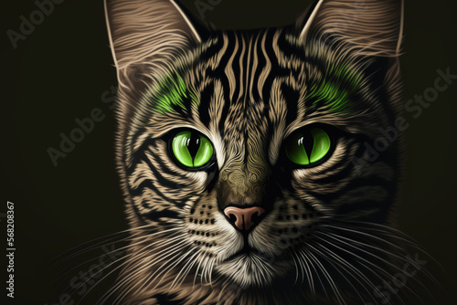 The striped cat turns to face the camera and has green eyes. Generative AI
