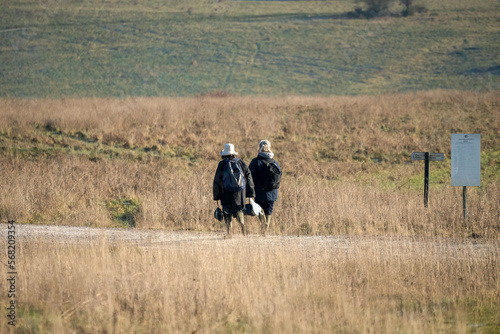 a couple of people walking in countryside